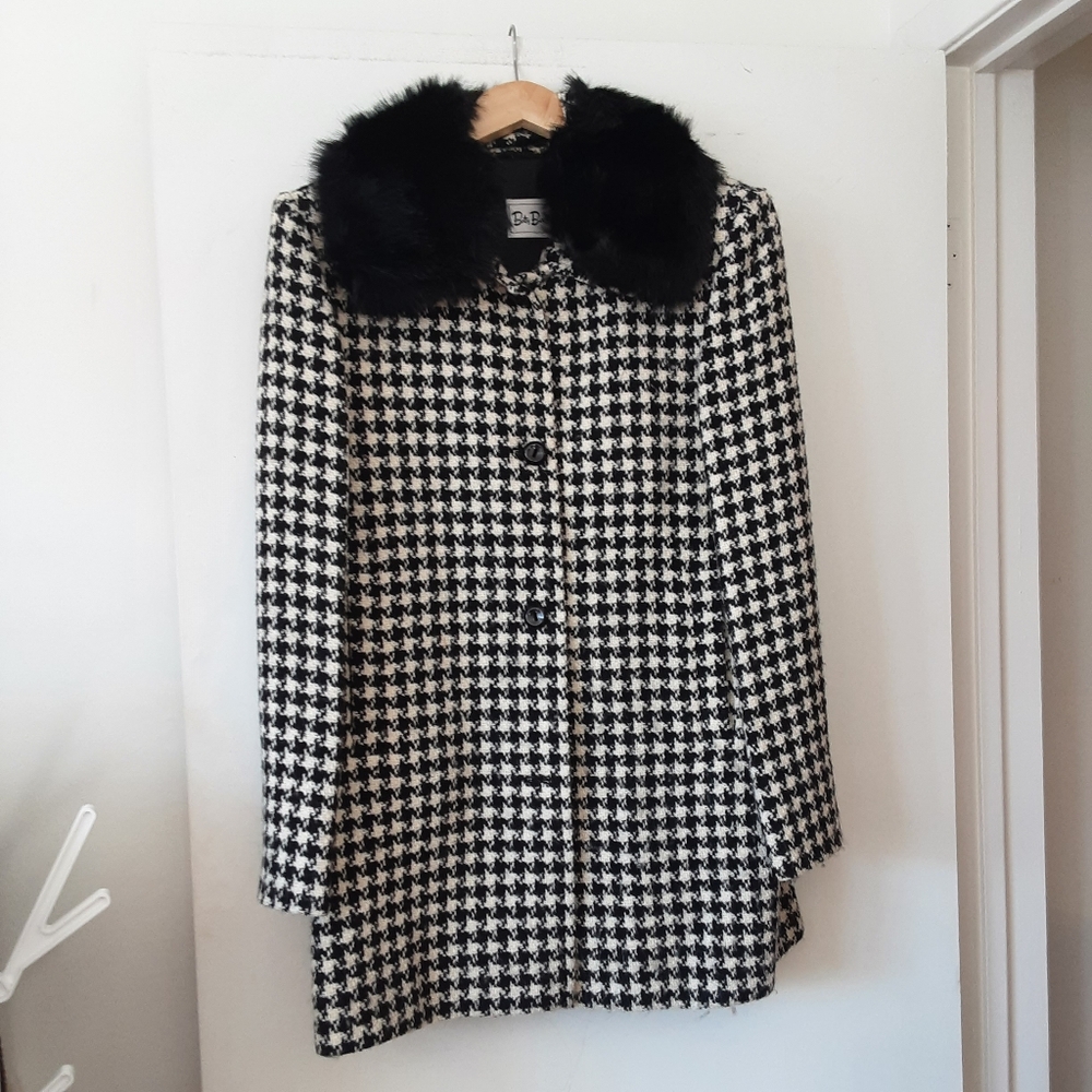 Betty Barclay Houndstooth Wool Coat with Removable Faux Fur Collar